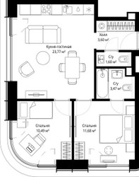 Планировка двухкомнатной(квартира) площадью 53.7 квадратных метров в ЖК “ЖК Сити Бэй”
