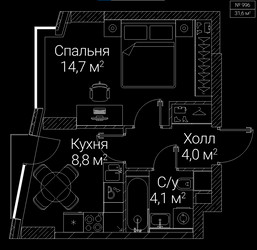 Планировка однокомнатной(квартира) площадью 31.6 квадратных метров в ЖК “ЖК СЕЗАР БУДУЩЕЕ”
