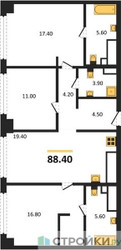 Планировка трехкомнатной(квартира) площадью 88.4 квадратных метров в ЖК “ЖК СТОУН Грэйн”