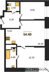 Планировка двухкомнатной(квартира) площадью 54.4 квадратных метров в ЖК “ЖК Пушкино Град”