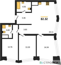 Планировка трехкомнатной(квартира) площадью 82.32 квадратных метров в ЖК “UNO Горбунова”