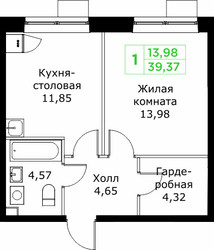 Планировка однокомнатной(квартира) площадью 39.37 квадратных метров в ЖК “ЖК КИТ 2”