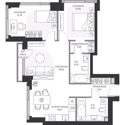 Планировка трехкомнатной(квартира) площадью 69 квадратных метров в ЖК “ЖК Hide (Хайд)”