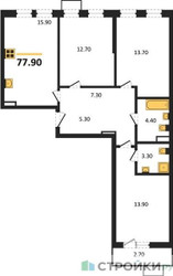 Планировка трехкомнатной(квартира) площадью 77.9 квадратных метров в ЖК “ЖК Прокшино”