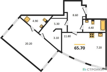 Планировка однокомнатной(квартира) площадью 65.7 квадратных метров в ЖК “ЖК Sydney City (Сидней Сити)”