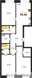 Планировка трехкомнатной(квартира) площадью 95.4 квадратных метров в ЖК “ЖК СТОУН Райз”