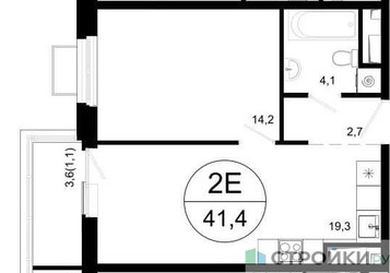 Планировка однокомнатной(квартира) площадью 41.4 квадратных метров в ЖК “ЖК Одинцовские кварталы”