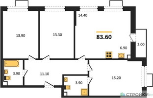 Планировка трехкомнатной(квартира) площадью 83.6 квадратных метров в “ЖК Скандинавия”