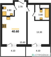 Планировка однокомнатной(квартира) площадью 43.8 квадратных метров в “ЖК Одинцовские кварталы”