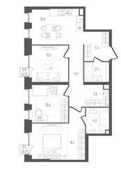 Планировка трехкомнатной(квартира) площадью 73.9 квадратных метров в ЖК “ЖК ПЕЙВ”