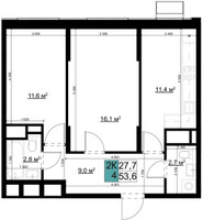 Планировка двухкомнатной(квартира) площадью 53.4 квадратных метров в “ЖК Одинцово Сити”