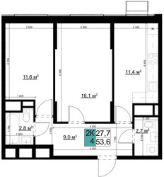 Планировка двухкомнатной(квартира) площадью 53.4 квадратных метров в ЖК “ЖК Одинцово Сити”