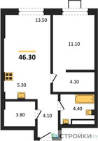 Планировка однокомнатной(квартира) площадью 46.3 квадратных метров в “ЖК Новые смыслы”