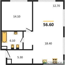 Планировка однокомнатной(квартира) площадью 56.6 квадратных метров в ЖК “ЖК Sydney Prime (Сидней Прайм)”