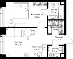 Планировка однокомнатной(квартира) площадью 43.58 квадратных метров в “ЖК Веер”