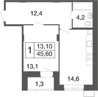 Планировка однокомнатной(квартира) площадью 45.6 квадратных метров в “ЖК Времена года”