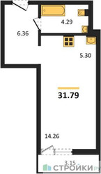 Планировка студии(квартира) площадью 31.79 квадратных метров в “ЖК Riga Hills (Рига Хиллс)”