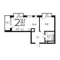 Планировка двухкомнатной(квартира) площадью 41.9 квадратных метров в “Новые Ватутинки. Заречный”