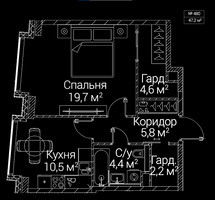 Планировка однокомнатной(квартира) площадью 47.2 квадратных метров в “ЖК СЕЗАР БУДУЩЕЕ”
