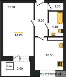Планировка однокомнатной(квартира) площадью 42.2 квадратных метров в ЖК “ЖК Три квартала”