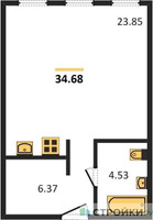 Планировка студии(апартаменты) площадью 34.68 квадратных метров в “ЖК Insider (Инсайдер)”