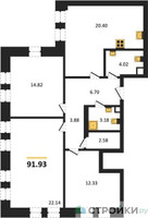 Планировка трехкомнатной(квартира) площадью 91.93 квадратных метров в “ЖК Sezar City (Сезар Сити)”