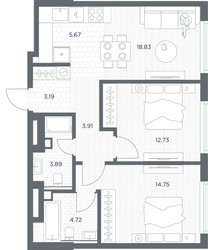 Планировка двухкомнатной(квартира) площадью 62.69 квадратных метров в ЖК “ЖК TATE (Тэйт)”