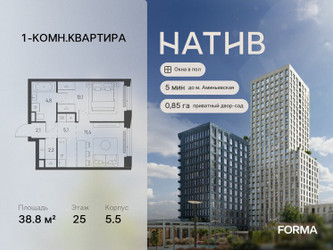 Планировка однокомнатной(квартира) площадью 38.8 квадратных метров в ЖК “ЖК Натив”