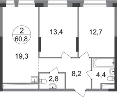 Планировка двухкомнатной(квартира) площадью 60.8 квадратных метров в “ЖК Первый Московский”