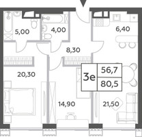 Планировка трехкомнатной(квартира) площадью 80.5 квадратных метров в “ЖК Will Towers (Вилл Тауэрс)”