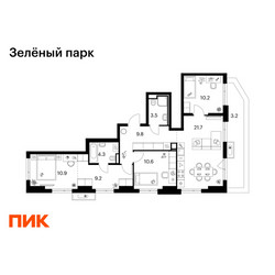 Планировка трехкомнатной(квартира) площадью 83.4 квадратных метров в ЖК “ЖК Зеленый парк”