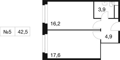 Планировка однокомнатной(квартира) площадью 42.5 квадратных метров в ЖК “ЖК Идеал”