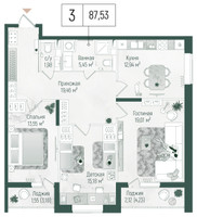 Планировка трехкомнатной(квартира) площадью 91.2 квадратных метров в “ЖК Рига Хиллс”