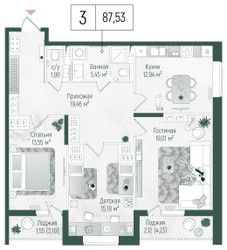 Планировка трехкомнатной(квартира) площадью 91.2 квадратных метров в ЖК “ЖК Рига Хиллс”