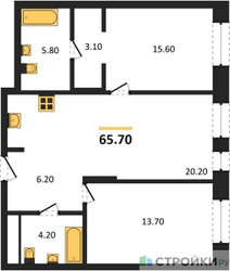 Планировка двухкомнатной(квартира) площадью 65.7 квадратных метров в ЖК “ЖК Первый Московский”