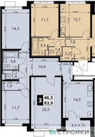 Планировка трехкомнатной(квартира) площадью 83.9 квадратных метров в “ЖК ЮЖНАЯ БИТЦА”