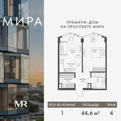 Планировка однокомнатной(квартира) площадью 44.56 квадратных метров в ЖК “Дом премиум-класса МИРА”