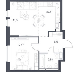 Планировка однокомнатной(квартира) площадью 44.09 квадратных метров в ЖК “ЖК Большое Путилково”