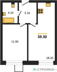 Планировка однокомнатной(квартира) площадью 39.3 квадратных метров в ЖК “ЖК Лесная Отрада”