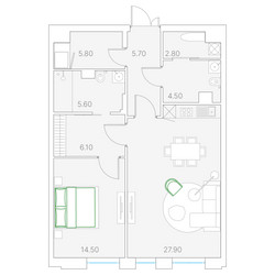Планировка однокомнатной(квартира) площадью 72.1 квадратных метров в ЖК “ЖК Клубный дом Duo (Дуо)”