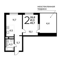 Планировка двухкомнатной(квартира) площадью 45.7 квадратных метров в “Новые Ватутинки. Заречный”