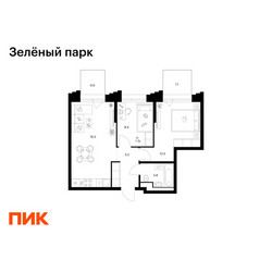 Планировка двухкомнатной(квартира) площадью 52 квадратных метров в ЖК “ЖК Зеленый парк”