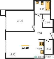 Планировка однокомнатной(апартаменты) площадью 52.1 квадратных метров в “ЖК Верейская 41”