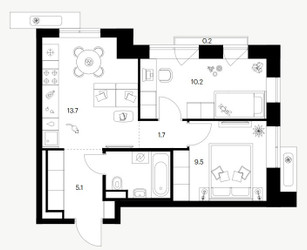 Планировка двухкомнатной(квартира) площадью 44.2 квадратных метров в ЖК “ЖК Саларьево парк”