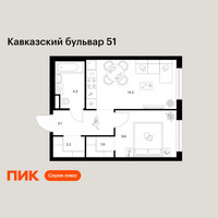 Планировка однокомнатной(квартира) площадью 37.4 квадратных метров в “ЖК Кавказский бульвар 51”