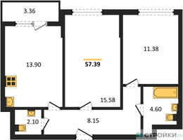 Планировка двухкомнатной(квартира) площадью 57.39 квадратных метров в “ЖК Светлый мир БиоПолис”