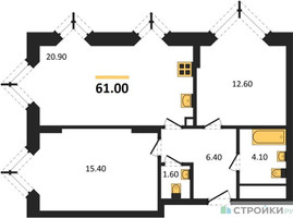 Планировка двухкомнатной(квартира) площадью 61 квадратных метров в “ЖК Wave (Вейв)”
