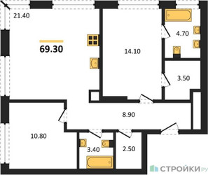 Планировка двухкомнатной(квартира) площадью 69.3 квадратных метров в “ЖК Portland (Портланд)”