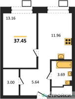 Планировка однокомнатной(квартира) площадью 37.45 квадратных метров в “ЖК Апарт-отель Тропарево парк”