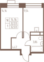 Планировка однокомнатной(квартира) площадью 32 квадратных метров в “ЖК Западная Ивантеевка”